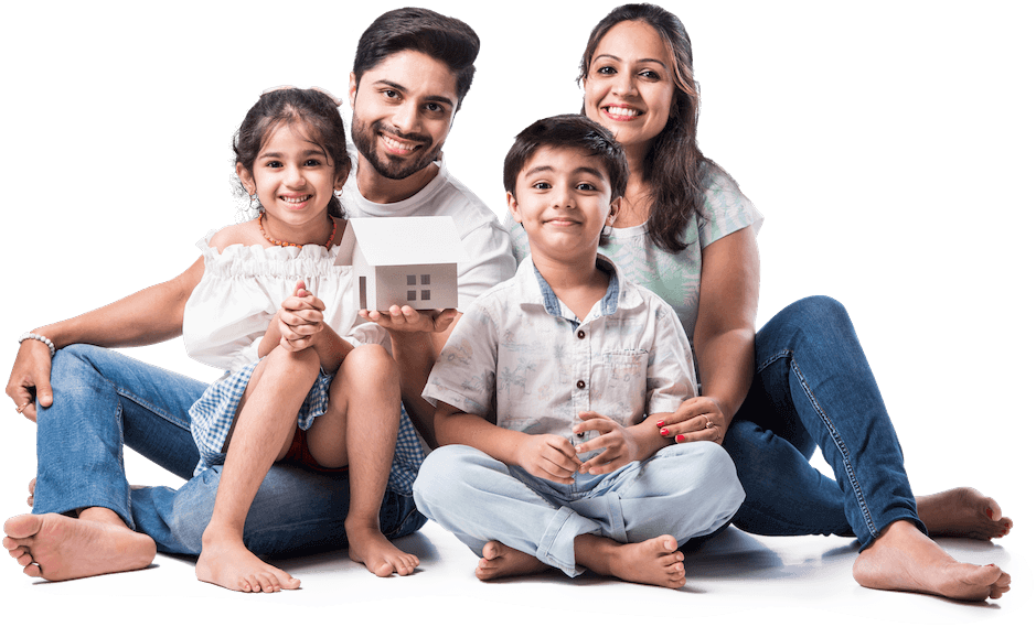 Happy family holding miniature of home